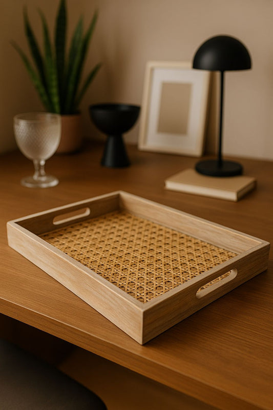 BANDEJA EM MADEIRA E PALHA INDIANA - 41x31