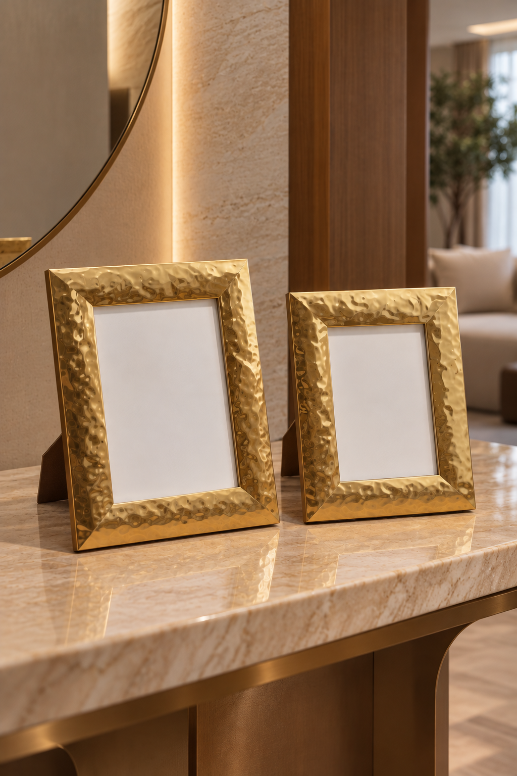 CONJUNTO DE PORTA-RETRATO DECORATIVOS RILIEVO DOURADO – 2 PECAS