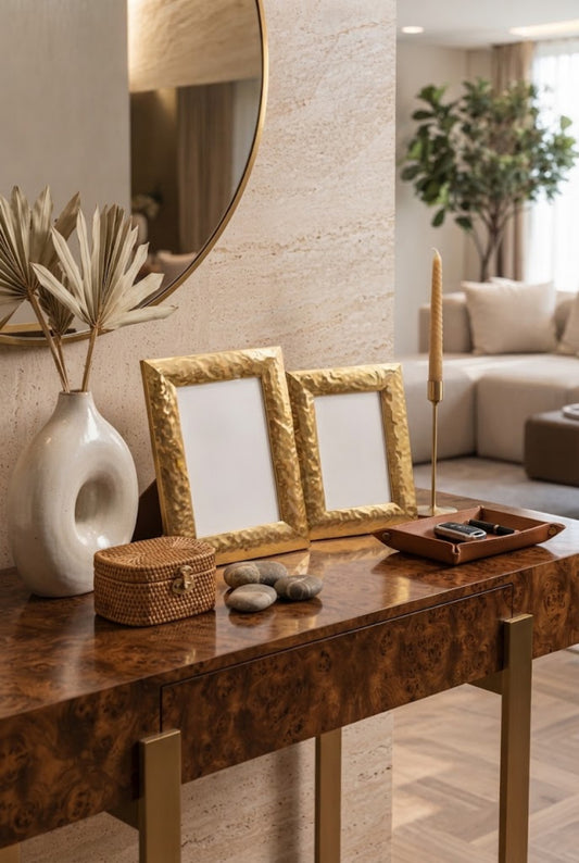 CONJUNTO DE PORTA-RETRATO DECORATIVOS RILIEVO DOURADO – 2 PECAS