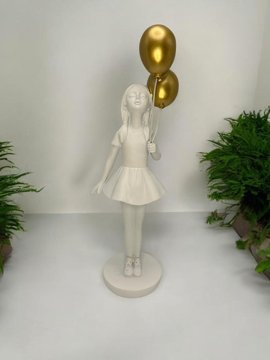 ESCULT EM RES BRANCA MENINA COM BALAO DOURADO 27CM
