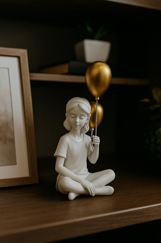 ESCULTURA MENINA COM BALAO DOURADO - 10x7,5x22