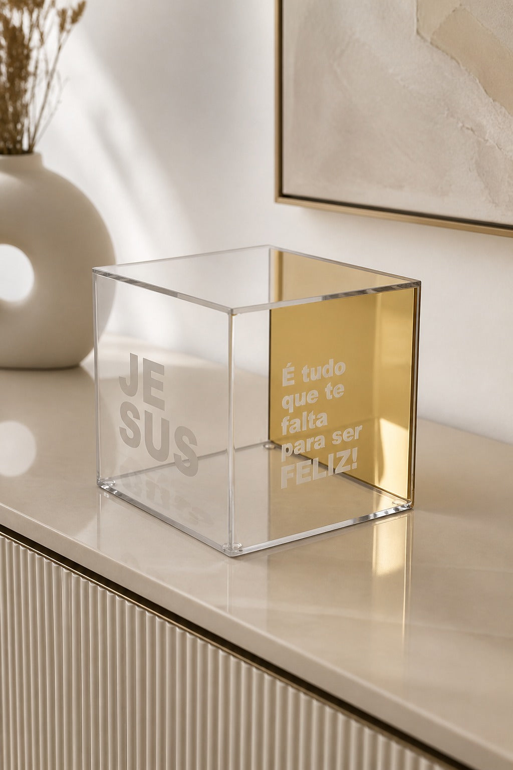 CUBO EM ACRÍLICO - JESUS É TUDO QUE TE FALTA PARA SER FELIZ - 12,5x12,5