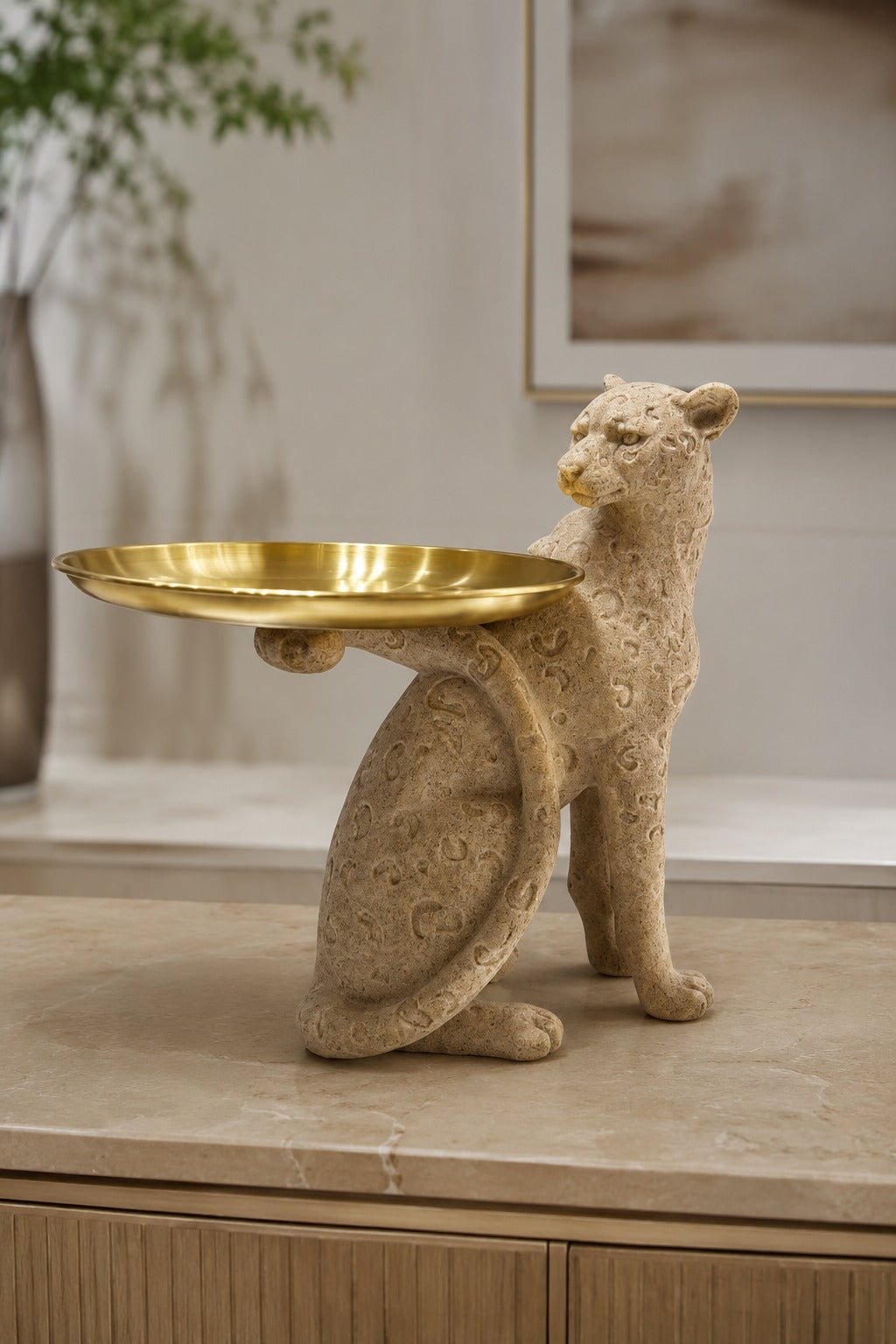 ESCULTURA LEOPARDO COM BANDEJA - 22x21